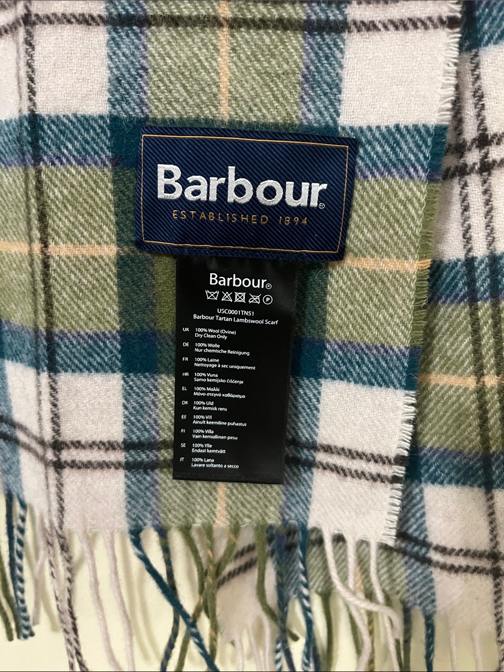 Barbour Tartan LambsWool Olive and Blue Plaid Scarf - Picture 2 of 5